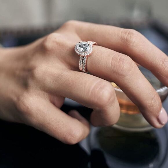 18K Rose Gold .925 Sterling Silver and Diamond Cubic Zirconia Wedding Band Set - Picture 4 of 7